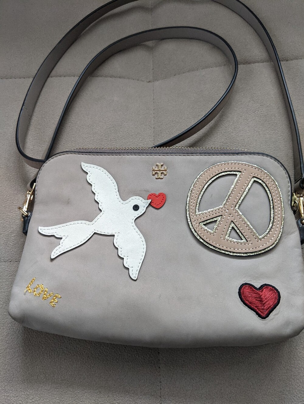 Tory Burch Taupe Crossbody with Dove, Peace & Heart Patches